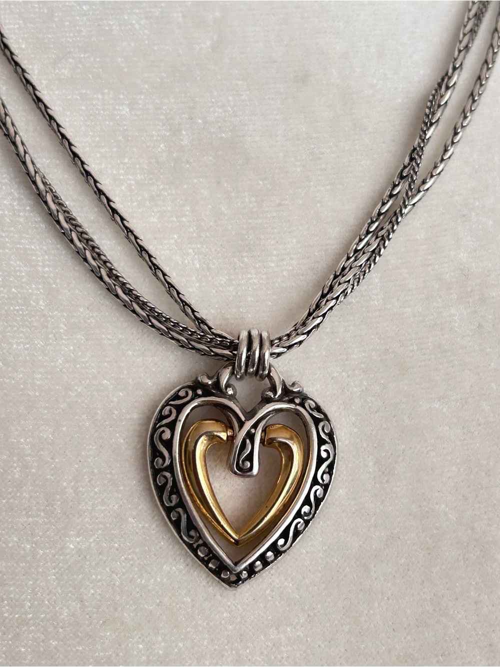 Brighton Ellington 2 tone necklace with double heart pendant on a triple chain